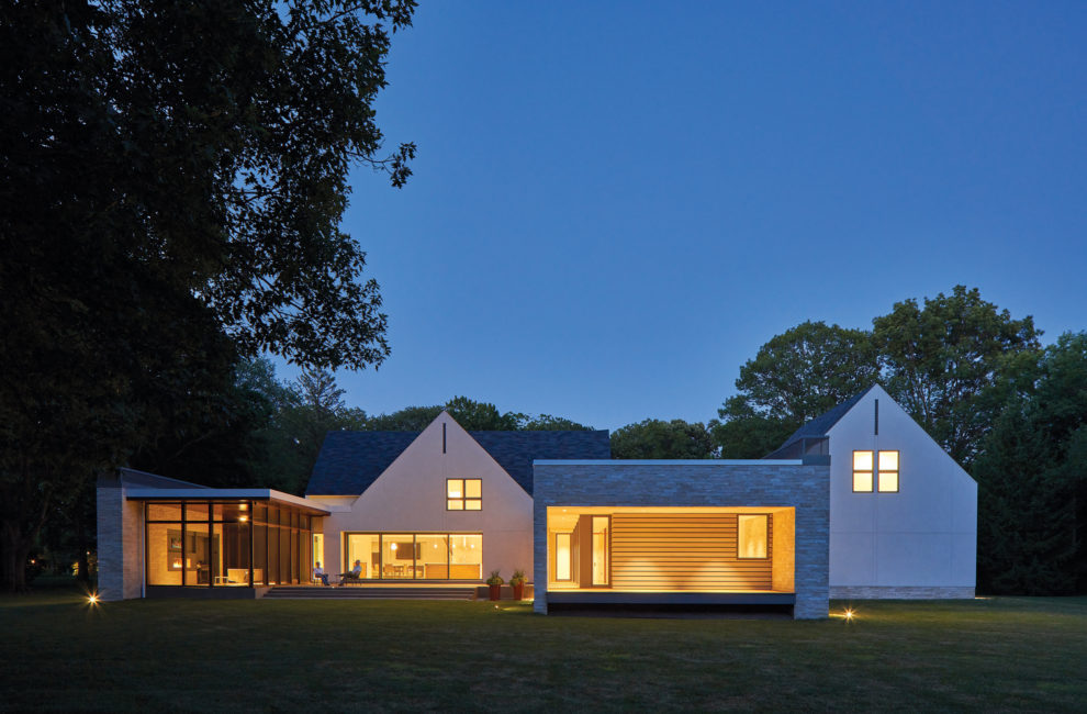 A white house at dusk