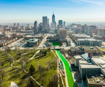 St. Patrick's Day Indianapolis skyline with canal green