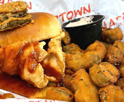 Naptown Hot Chicken Sandwich and fried pickles