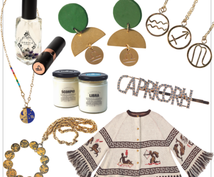 zodiac sign shopping items, 3 necklace types, a set of earrings, a hair clip, candles, and a poncho